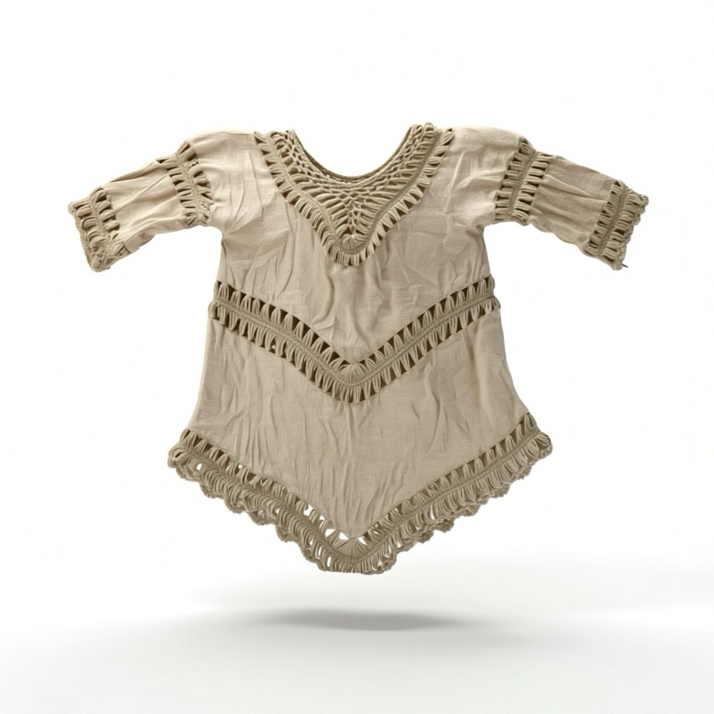 Vivid Importers of NY Boho Crochet Fringe Top Medium Neutral Beige